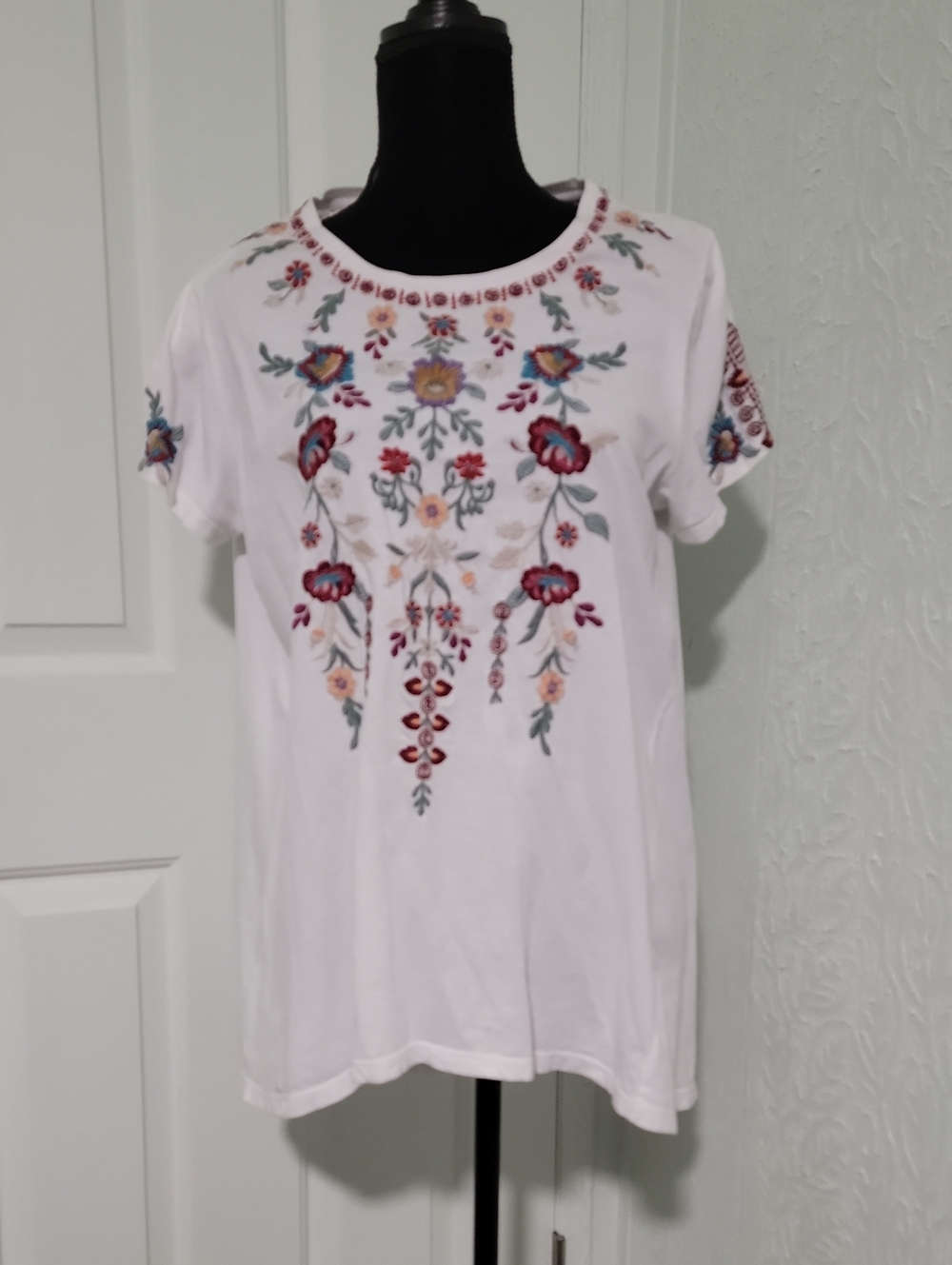 Johnny Was Nya Cotton-Boho Embroidered Short Sleeve Tunic Top Size Large